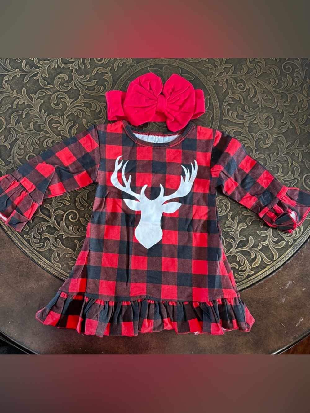 Red & Black Buffalo Plaid Deer Head Dress with Red Bow